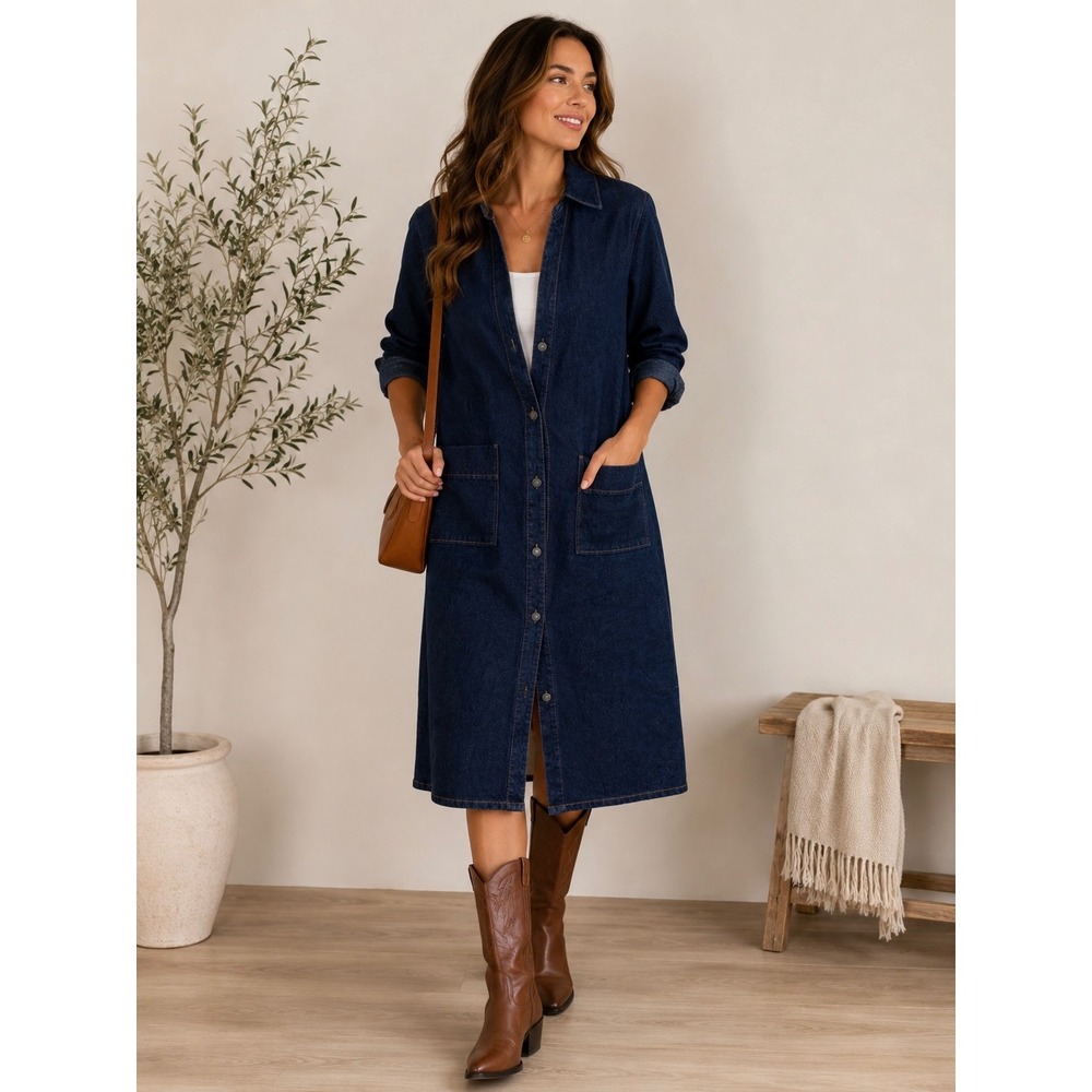 Bakkali Mode Denim Midi Shirt Dress Dark Wash Button Front Moroccan Approx M/L - Picture 2 of 8